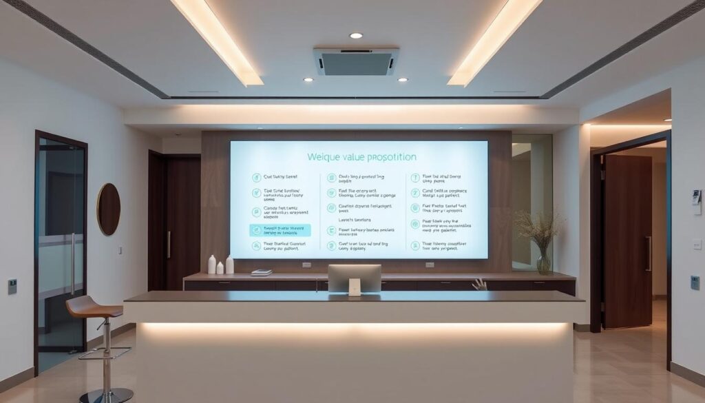 A sleek and modern dental clinic interior, featuring a prominent display showcasing a unique value proposition. The foreground showcases a minimalist reception desk with clean lines and a warm, inviting aesthetic. In the middle ground, a large, backlit panel showcases key benefits and services for patients, conveying a sense of professionalism and attention to detail. The background features subtle, elegant decor elements that complement the overall clinical yet welcoming atmosphere. The lighting is soft and indirect, creating a calming and relaxing environment. The camera angle is slightly elevated, providing a comprehensive view of the space and the visually striking value proposition presentation.