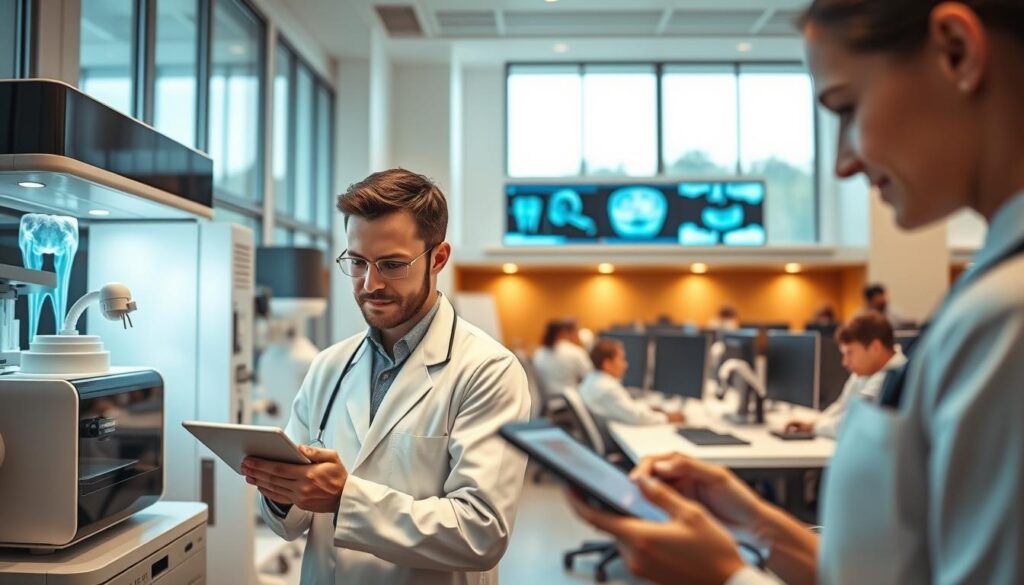 A sleek and modern dental clinic office, filled with cutting-edge technology. In the foreground, a dentist uses a tablet to review patient records and schedule appointments, while behind them a 3D printer whirs, creating custom dental prosthetics. The middle ground showcases a digital x-ray machine and an intraoral scanner, their screens displaying detailed images of teeth. In the background, rows of computer workstations line the walls, where staff members analyze data and manage the clinic's operations. Warm, indirect lighting creates a calming, professional atmosphere, while large windows allow natural light to flood the space. The overall scene conveys the seamless integration of technology and innovation in the efficient management of a state-of-the-art dental practice.