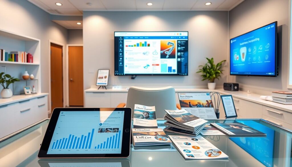 A sleek and modern dental office, with various marketing tools and software prominently displayed. In the foreground, a stylish tablet showcases dental marketing analytics, while nearby, a high-resolution monitor displays targeted social media campaigns. The middle ground features an array of dental brochures, client testimonials, and promotional materials, all neatly organized on a glass-topped desk. In the background, a large wall-mounted screen presents integrated practice management software, highlighting its marketing automation capabilities. The lighting is bright and professional, creating a sense of efficiency and technological prowess. The overall scene conveys the seamless integration of marketing tools within a cutting-edge dental practice.