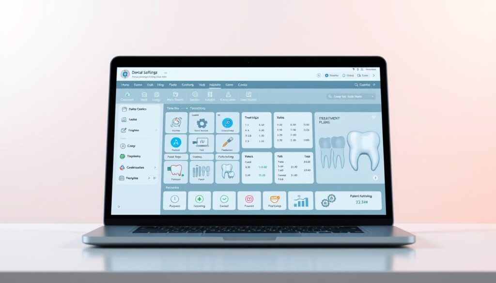 A sleek and modern dental software application displayed on a laptop screen against a clean, minimalist background. The interface is intuitively designed with intuitive icons, clearly labeled menus, and a sophisticated color palette of muted blues and grays. Advanced functionalities are showcased through realistic 3D visualizations of treatment plans, patient records, and scheduling tools. Subtle ambient lighting casts a warm, professional glow, highlighting the software's attention to detail and user-centric approach. The overall impression conveys a sense of efficiency, innovation, and a seamless integration of technology into dental clinic workflows.