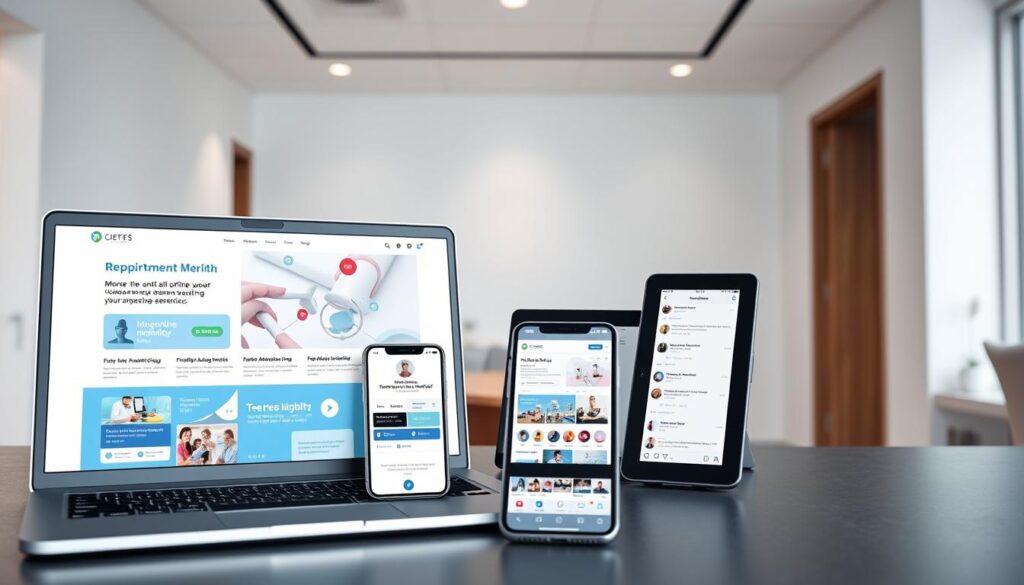 A sleek and modern digital marketing campaign for a dental clinic, showcased on a variety of digital devices. In the foreground, a laptop and smartphone display marketing content, including vibrant graphics, infographics, and online appointment booking. In the middle ground, a tablet presents social media profiles and online reviews, highlighting the clinic's digital presence. The background features a minimalist office setting, with clean lines, neutral tones, and subtle lighting, creating a professional and trustworthy atmosphere. The overall composition conveys the importance of a strong digital marketing strategy for the successful promotion of a dental practice.