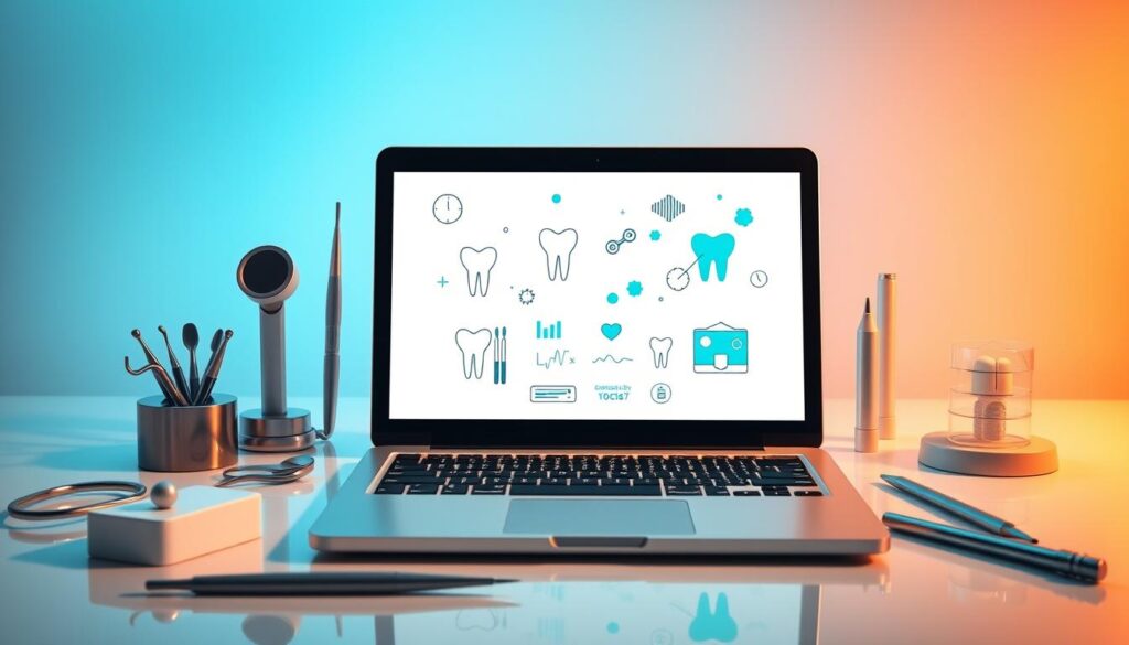 A sleek and modern digital marketing concept for dentists, showcasing a laptop displaying dental-themed graphics and icons, surrounded by medical instruments and dental tools. The scene is bathed in a warm, professional lighting, with a clean and minimalist background, conveying a sense of high-tech efficiency and expertise. The composition emphasizes the integration of digital marketing strategies with the dental industry, highlighting the importance of online presence and digital outreach for modern dental practices.