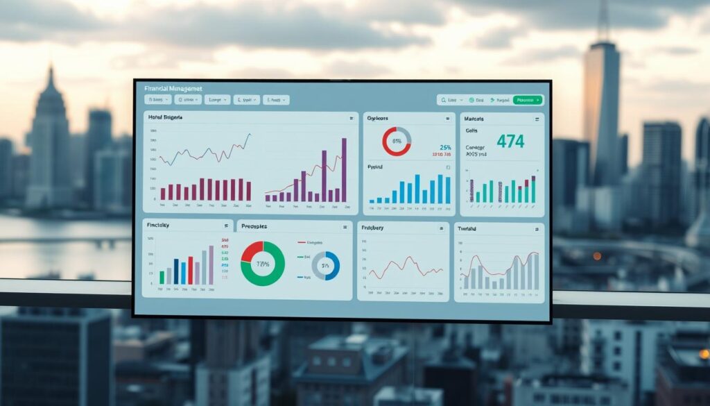 A sleek and modern financial management dashboard, featuring a clean interface with various charts and graphs displaying key financial metrics. The dashboard is set against a subtle backdrop of a city skyline, symbolizing the importance of financial oversight in a thriving business environment. The overall atmosphere is one of professionalism, efficiency, and a keen attention to detail, reflecting the comprehensive nature of the financial management section in the article.