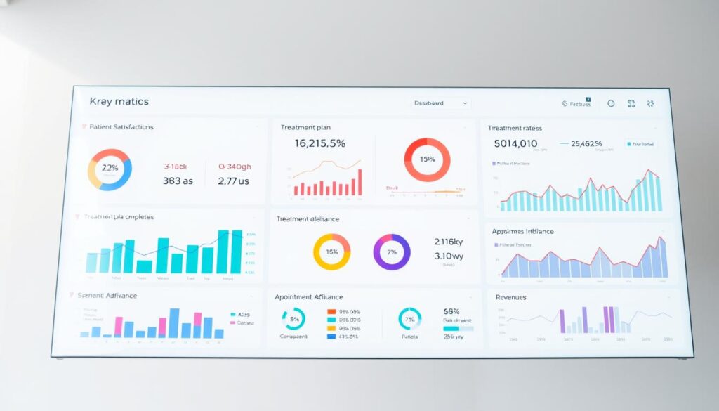 A sleek, modern dashboard display showcasing key performance indicators (KPIs) and metrics relevant to a dental practice's success. The foreground features a clean, minimalist layout with colorful graphs, charts, and visualizations displaying patient satisfaction ratings, treatment plan completion rates, appointment adherence, and revenue trends. The middle ground includes icons and labels for each metric, presented in a clear, well-organized manner. The background fades to a soft, neutral tone, allowing the data visualizations to take center stage and convey a sense of professionalism and data-driven decision making. The lighting is bright and evenly distributed, creating a crisp, high-contrast image that emphasizes the clarity and importance of the performance data.