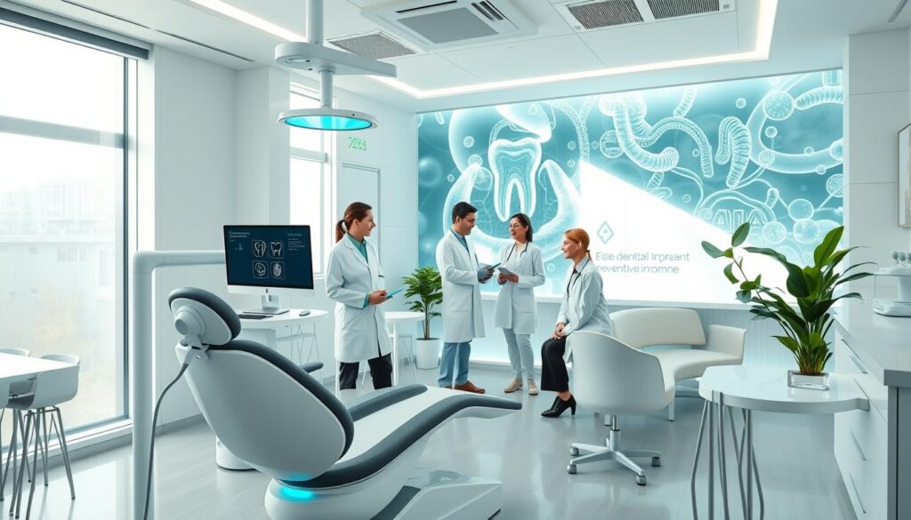 A sleek, modern dental clinic in 2025 showcases the latest advancements in oral healthcare. The foreground features a cutting-edge dental chair with holographic displays, robotic arms, and a seamless patient interface. In the middle ground, dentists in clean, futuristic uniforms consult with patients, discussing innovative treatments like 3D-printed dental implants and AI-guided procedures. The background depicts a soothing, minimalist waiting area with natural lighting, verdant plants, and a dynamic digital mural depicting teeth, gums, and the oral microbiome. An atmosphere of technological sophistication, patient-centric care, and a focus on preventive dentistry permeates the scene.