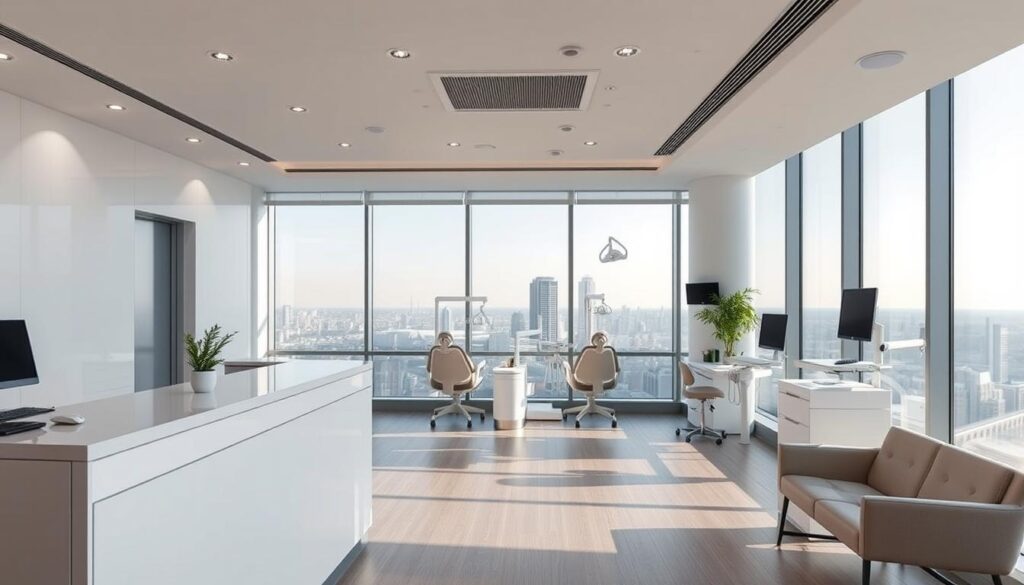 A sleek, modern dental clinic interior with a bright, airy atmosphere. The foreground features a reception desk with a clean, minimalist design and comfortable seating for patients. The middle ground showcases exam rooms with state-of-the-art dental equipment, highlighting the clinic's advanced technology. In the background, a panoramic window provides a scenic view of a serene urban landscape, conveying a sense of tranquility. The lighting is soft and natural, creating a warm, welcoming ambiance. The overall composition exudes professionalism, attention to detail, and a commitment to patient-centric care, embodying the essence of effective dental marketing.