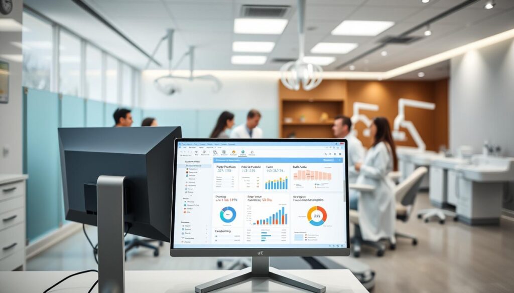 A sleek, modern dental clinic interior with clean lines and bright, natural lighting. In the foreground, a desktop computer with a dental practice management software interface displayed on the screen, showcasing intuitive features and analytics dashboards. Behind it, a team of dental professionals collaborating around a conference table, discussing patient data and optimizing workflow. In the background, rows of dental chairs and equipment, all neatly organized and maintained. The overall atmosphere conveys efficiency, professionalism, and a patient-centric approach, highlighting the benefits of using specialized dental practice management software.
