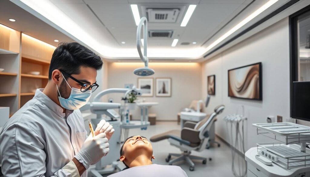 A sleek, modern dental clinic interior with clean lines and minimalist decor. The foreground features a professional dentist working diligently on a patient's teeth, their expression focused and serious. The middle ground showcases state-of-the-art dental equipment and tools, meticulously arranged. The background depicts a serene, calming waiting area with comfortable seating and soothing artwork on the walls. Warm, soft lighting highlights the clinic's efficient workflow and attention to detail, conveying a sense of trust and quality care. The overall atmosphere exudes a blend of professionalism, technology, and patient-centric design, reflecting the essence of dental practice management.