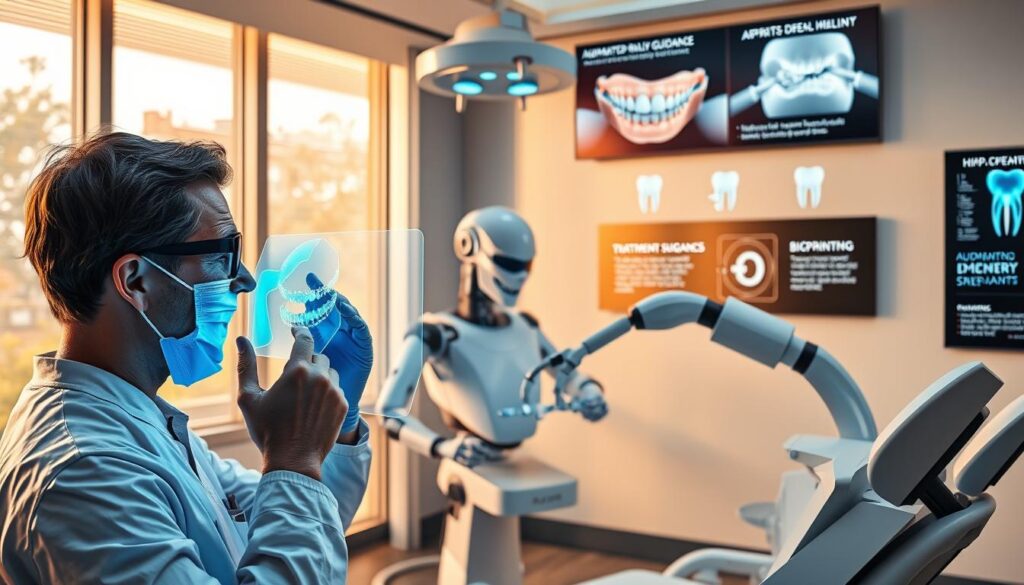 A sleek, modern dental clinic interior with cutting-edge technology on display. In the foreground, a dentist examines a patient's teeth using a high-resolution intraoral scanner, its holographic display projecting a 3D visualization of the patient's oral anatomy. In the middle ground, a robotic arm delicately performs a precise dental procedure, guided by AI-powered treatment planning software. The background features a wall-mounted display showcasing the clinic's latest innovations, from augmented reality surgical guidance to bioprinted dental implants. Warm, natural lighting filters through large windows, creating a calming, futuristic atmosphere that prioritizes patient comfort and care.