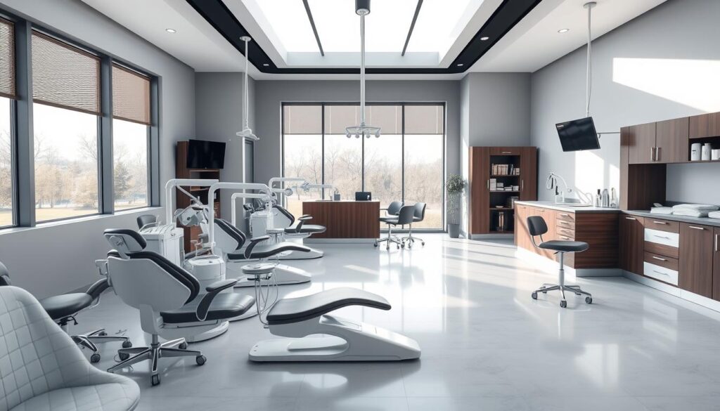 A sleek, modern dental clinic interior with floor-to-ceiling windows, allowing natural light to flood the space. Stylish, ergonomic dental chairs arranged in a clean, organized layout. The reception area features a minimalist design with a wooden reception desk and comfortable seating. Medical equipment and supplies are neatly stored in organized cabinets, conveying a sense of professionalism and efficiency. The overall atmosphere is calm, inviting, and reflective of a well-managed, essential dental practice.