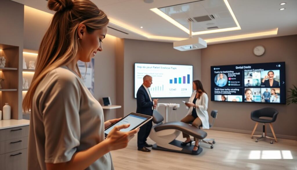 A sleek, modern dental clinic interior with warm lighting and minimalist decor. In the foreground, a woman using a tablet, browsing digital marketing strategies. In the middle ground, a dentist speaking with a patient, demonstrating digital patient engagement tools. In the background, a large display screen showcasing analytics and social media campaigns targeting the local community. The overall atmosphere conveys a progressive, tech-savvy dental practice embracing digital marketing to attract and retain patients.