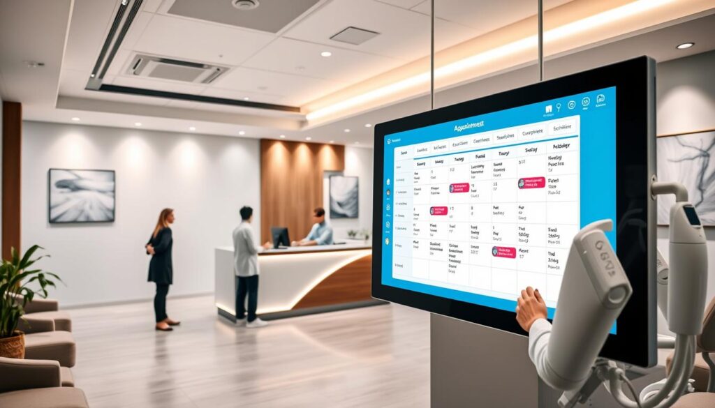 A sleek, modern dental clinic reception area with a prominent appointment scheduling system. The foreground features a large touchscreen display showcasing an intuitive calendar interface, with patients easily booking and managing their appointments. The middle ground shows a stylish desk and reception counter, with a friendly clinician assisting a patient. The background depicts a clean, minimalist waiting area with comfortable seating, calming artwork, and subtle lighting that evokes a professional, yet welcoming atmosphere. The overall scene conveys efficiency, organization, and a patient-centric approach to dental care management.