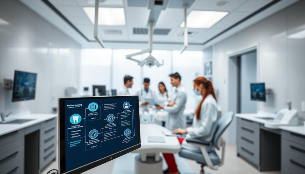 A sleek, modern dental clinic with state-of-the-art technology. In the foreground, a computer screen displays a digital workflow, showcasing automated processes like patient scheduling, electronic record management, and digital imaging. The middle ground features a team of dental professionals seamlessly interacting with the clinic's integrated software systems. The background depicts a well-lit, minimalist interior design with clean lines and a calming atmosphere, creating an efficient and comfortable environment for both patients and staff.