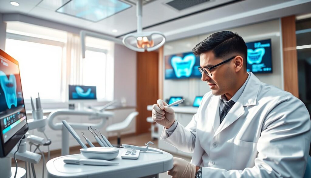 A sleek, modern dental clinic with state-of-the-art technology. In the foreground, a dentist in a white coat examines a patient's teeth on a high-tech digital display. In the middle ground, dental tools and instruments gleam under bright, natural lighting, suggesting advanced procedures. The background features a minimalist, stylish interior design with clean lines, soothing colors, and digital screens showcasing the latest dental innovations. The overall atmosphere conveys a sense of professionalism, efficiency, and the seamless integration of technology into the practice of dentistry.