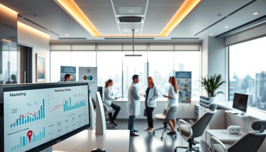 A sleek, modern dental office interior with a focus on marketing. In the foreground, a computer monitor displays marketing analytics and strategy, with a clean, minimalist aesthetic. The middle ground features a team of dental professionals collaborating on a marketing plan, surrounded by branded decor and signage. The background showcases a panoramic city skyline, conveying a sense of professionalism and urban sophistication. Soft, directional lighting from large windows creates a warm, inviting atmosphere. The overall scene reflects a well-planned, effective dental marketing strategy.