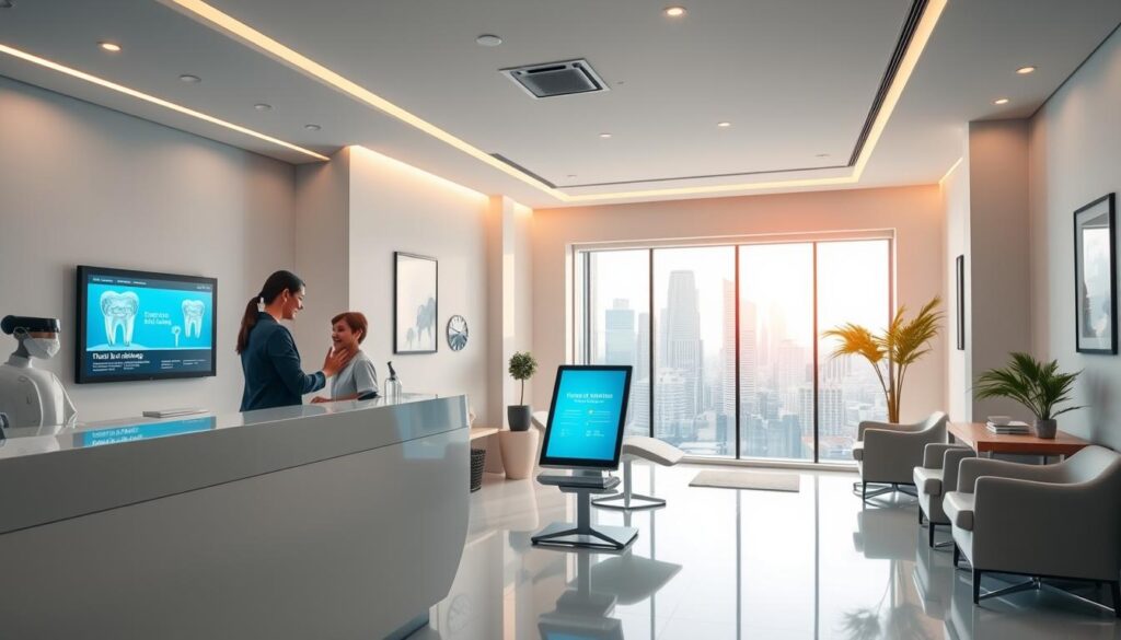 A sleek, modern dental office interior with minimalist design elements. In the foreground, a dental professional standing at the reception desk, interacting with a patient. The middle ground showcases a well-lit waiting area with comfortable seating and a touch screen display showcasing dental services. The background features a large window overlooking a vibrant city skyline, bathing the space in warm, natural light. The overall scene conveys a sense of professionalism, approachability, and attention to patient experience - key aspects of effective dental marketing.