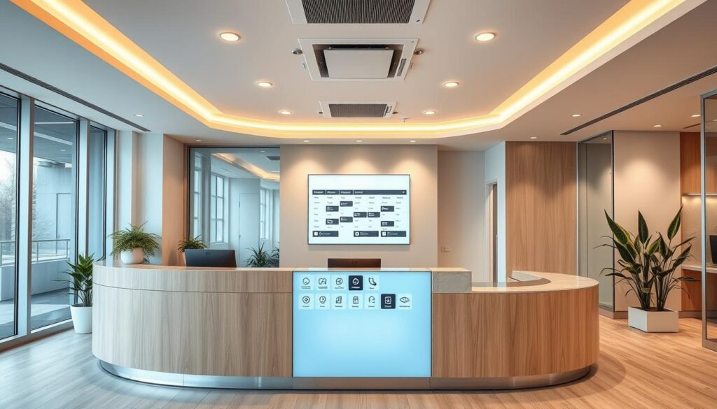 A sleek, modern dental office reception area with a clean, minimalist design. The centerpiece is a stylish, curved reception desk made of light wood and glass, creating an airy, inviting atmosphere. In the middle ground, a digital display showcases the day's appointment schedule, with various icons and intuitive menus. The background features floor-to-ceiling windows, allowing natural light to flood the space and highlighting the contemporary furnishings, such as comfortable waiting chairs and potted plants. The lighting is a mix of warm, indirect overhead illumination and task lighting, creating a pleasant, professional ambiance. The overall impression is one of efficiency, organization, and a commitment to patient comfort and satisfaction.