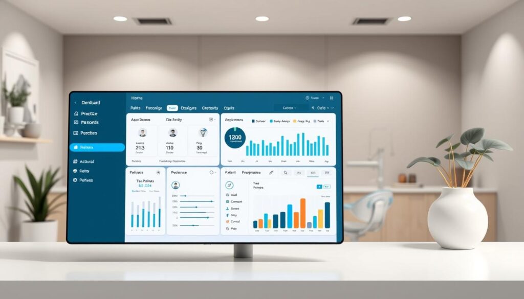 A sleek, modern dental office software interface, showcasing essential functionalities. In the foreground, a clean dashboard displays key practice metrics, patient records, and appointment scheduling tools. The middle ground features intuitive navigation menus and customizable charts tracking key performance indicators. In the background, a serene, minimalist workspace with muted tones and soft lighting, creating a calming, professional atmosphere. The overall design emphasizes efficiency, organization, and a user-friendly experience tailored for the unique needs of a dental practice.
