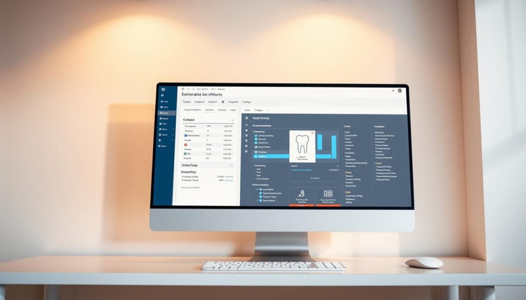 A sleek, modern dental practice management software system displayed on a clean, minimalist desktop. The user interface showcases a clean layout with intuitive icons and menus, allowing easy navigation through patient records, appointment scheduling, billing, and inventory management. Warm, indirect lighting casts a professional yet welcoming atmosphere, while the background features subtle gradients or textures that complement the software's design. The overall composition conveys the efficiency, organization, and user-friendly nature of a comprehensive dental practice management solution.