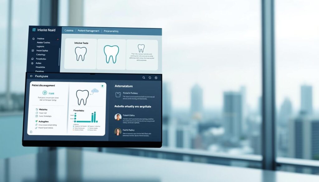 A sleek, modern dental practice software interface, showcasing intuitive workflow tools, patient data management, and automation features. The foreground displays a stylized dental icon and dynamic infographics, while the middle ground features a clean, minimalist design with crisp typography. The background depicts a blurred, muted cityscape, conveying a sense of professionalism and technological advancement. The lighting is soft and diffused, creating a calming, clinical atmosphere. The camera angle is slightly elevated, providing an immersive, user-centric perspective. The overall composition conveys the seamless integration of technology and dental practice management, embodying the essence of "Tecnologia e automação na gestão dentista".