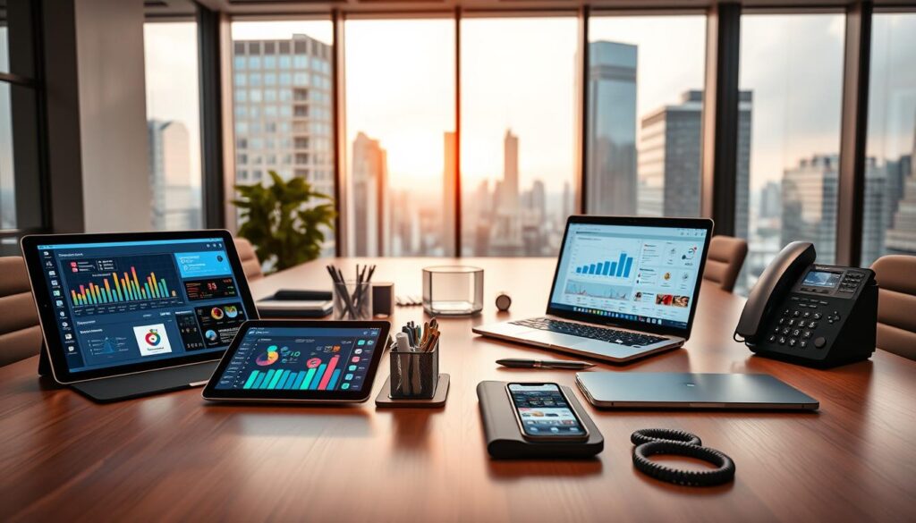 A sleek, modern office environment with an expansive desk showcasing a variety of business management tools. In the foreground, a tablet, laptop, and smartphone display vibrant data visualizations and project management software. The middle ground features an assortment of physical tools such as a stylish desk organizer, a compact 3D printer, and a high-end conference phone. The background depicts a large window overlooking a bustling cityscape, bathing the scene in warm, natural light. The overall atmosphere conveys a sense of technological sophistication and efficiency, perfectly suited for a clinical management setting.