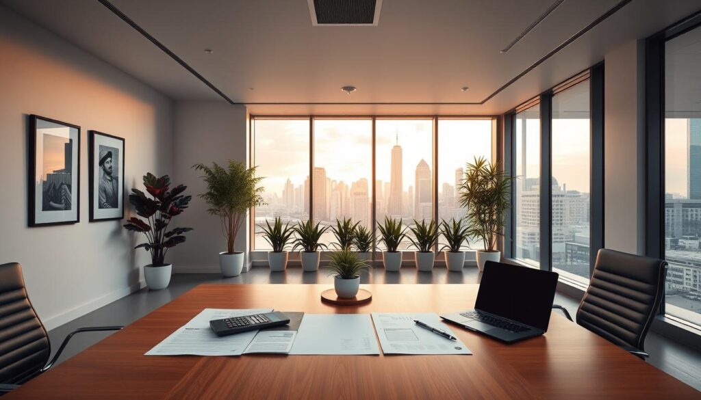 A sleek, modern office interior with a clean, minimalist aesthetic. A large, wooden desk dominates the foreground, its surface covered with neatly organized financial documents, a laptop, and a calculator. In the middle ground, a row of potted plants and framed artwork add a touch of life to the space. The background features floor-to-ceiling windows overlooking a bustling city skyline, bathed in warm, golden-hour lighting. The overall atmosphere conveys a sense of professionalism, efficiency, and attention to detail - essential elements of effective financial management for a dental practice.