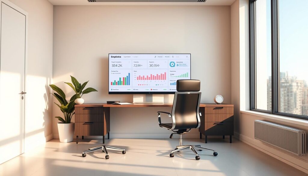A sleek, modern office interior with a desk, chair, and various performance indicators displayed on a computer screen. The scene is bathed in warm, directional lighting from a large window, casting subtle shadows and highlighting the clean, minimalist design. The dashboard displays key performance metrics such as patient satisfaction, revenue, and appointment bookings, all presented in a clear, data-driven interface. The overall atmosphere conveys a sense of professionalism, organization, and a focus on optimizing the dental practice's performance.