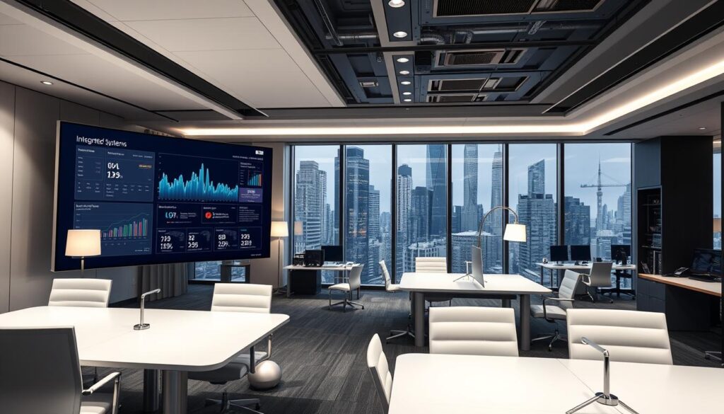 A sleek, modern office interior with a focus on integrated systems. In the foreground, a large, curved monitor displays a dashboard of real-time data and analytics. Minimalist, white desks and chairs create a clean, organized workspace. Subtle lighting from recessed ceiling fixtures and floor lamps casts a warm, ambient glow. In the middle ground, various computer terminals and networking equipment are neatly arranged, conveying a sense of efficiency and connectivity. The background features floor-to-ceiling windows overlooking a bustling city skyline, emphasizing the integration of the digital and physical realms. The overall atmosphere is one of technological sophistication, productivity, and seamless collaboration.