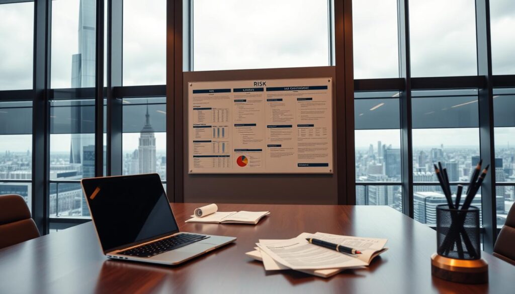 A sleek, modern office interior with a focus on risk management and legal compliance. In the foreground, a desk with a laptop, paperwork, and a pen holder symbolizing the administrative aspects of risk and compliance. The middle ground features a wall-mounted display board with risk assessment charts, compliance checklists, and regulatory guidelines. The background showcases large windows offering a panoramic view of a bustling cityscape, conveying a sense of the broader legal and business environment. Warm, professional lighting casts a sense of authority and attention to detail. The overall atmosphere exudes an aura of meticulous organization, strategic planning, and a commitment to responsible practice.