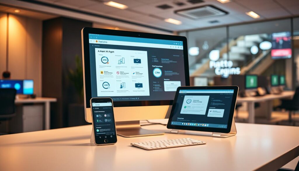 A sleek, modern office setting with a central workspace featuring a desktop computer, smartphone, and tablet, all showcasing various CRM software interfaces and AI agent interactions. Warm, diffused lighting illuminates the scene, creating a professional yet inviting ambiance. In the background, glimpses of other workstations and digital displays hint at a collaborative, technology-driven environment. The overall composition emphasizes the seamless integration of CRM tools and AI-powered solutions, reflecting the advancements in digital marketing for the healthcare industry.