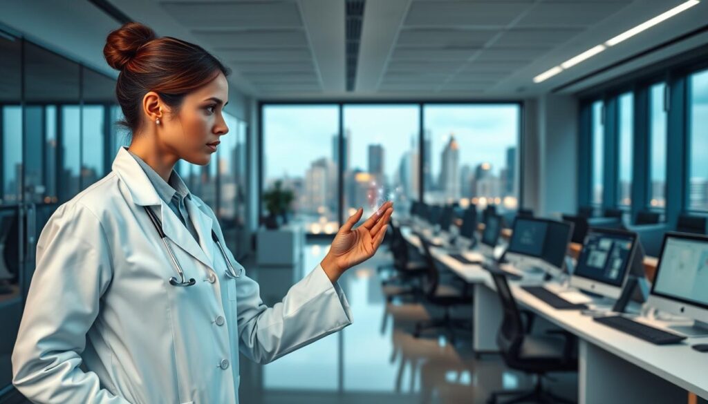 A sleek, modern office setting with a clean, minimalist aesthetic. In the foreground, a professional-looking woman in a white lab coat interacts with a touchscreen display, navigating a customer relationship management (CRM) software interface. Subtle glowing holographic elements emanate from the display, hinting at the integration of artificial intelligence (AI) capabilities. In the middle ground, rows of computer workstations and medical equipment suggest a high-tech clinical environment. The background features large windows overlooking a vibrant city skyline, bathed in warm, natural lighting. The overall atmosphere conveys a sense of efficiency, innovation, and patient-centric care.