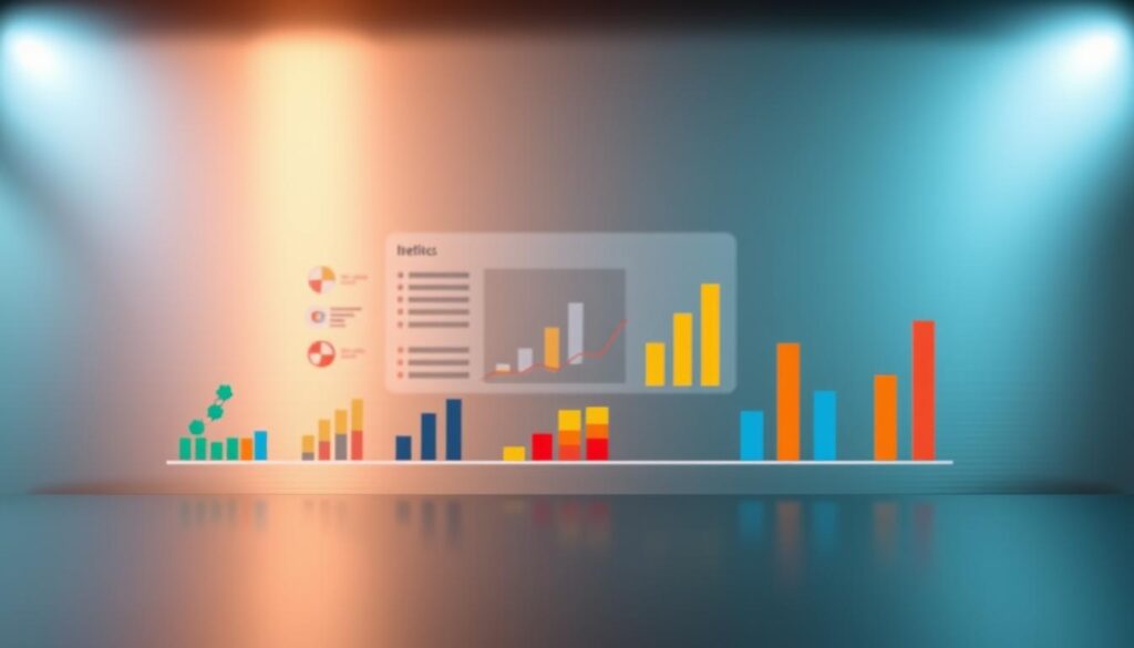 A sleek, stylized infographic depicting "Key Performance Indicators" (KPIs) and other performance metrics. The foreground showcases a series of minimalist, colorful icons and charts on a muted metallic background, conveying a sense of professionalism and data-driven decision-making. The middle ground features a subtle grid or dashboard layout, organizing the information in a clean, intuitive manner. The background has a soft, out-of-focus effect, creating depth and emphasis on the central performance indicators. The lighting is cool and directional, casting gentle shadows and highlights to accentuate the graphic elements. The overall mood is one of clarity, precision, and strategic business optimization.