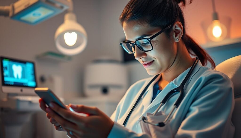 A social media-savvy dental patient, engrossed in their smartphone, navigates a digital landscape of online healthcare resources. The clinical environment fades into the background, replaced by a vibrant, tech-forward setting where the patient is the central focus. Soft, ambient lighting casts a warm glow, emphasizing the patient's immersive digital experience. The composition leverages dynamic angles and a shallow depth of field to draw the viewer's attention to the patient's digital interactions, conveying the pervasive influence of technology on modern healthcare behaviors.