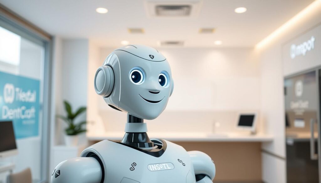 A sophisticated and user-friendly chatbot interface, featuring a clean and minimalist design, with a warm and professional tone. The chatbot is positioned prominently in the center, its expressive and lifelike avatar conveying a sense of attentive and empathetic customer service. The background is a modern, well-lit dental clinic, with subtle branding elements that reinforce the connection to the medical industry. The lighting is natural and diffused, creating a calming and inviting atmosphere. The overall composition is balanced and visually appealing, drawing the viewer's attention to the chatbot as the focal point of the image.