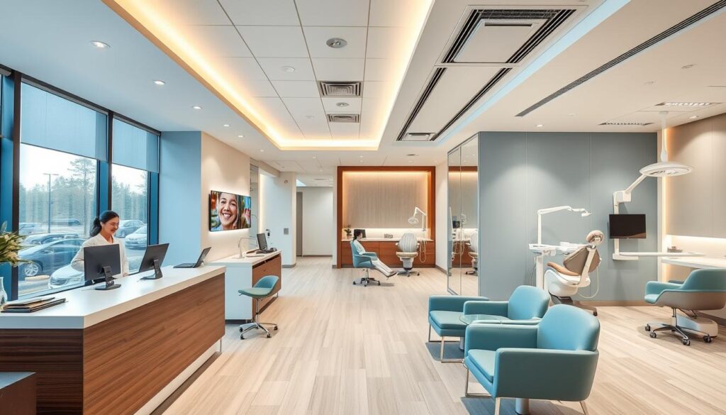 A sophisticated dental clinic interior with a warm, inviting atmosphere. Elegant modern furniture, clean lines, and a soothing color palette of calming blues and whites. Strategically placed displays showcase the latest dental technologies and services. Soft lighting from recessed fixtures and large windows provides a calming ambiance. In the foreground, a receptionist desk with a friendly, knowledgeable staff member greets patients. The middle ground features comfortable waiting areas with plush seating. The background showcases private treatment rooms, each equipped with state-of-the-art dental equipment. An overall sense of professionalism, trust, and personalized care permeates the space.