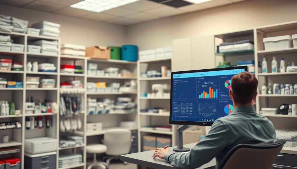 A spacious and well-organized office supply room, with neatly arranged shelves and cabinets stocked with various dental equipment, materials, and tools. The room is bathed in warm, diffused lighting, creating a sense of productivity and efficiency. In the foreground, a desktop computer displays an inventory management software interface, with charts, graphs, and data visualizations showcasing the current stock levels and supplier information. A person, likely a dental practice manager, is sitting at the desk, reviewing the data and making notes. The overall atmosphere conveys a well-controlled and organized environment, reflecting the importance of effective stock management and supplier relations in a successful dental practice.