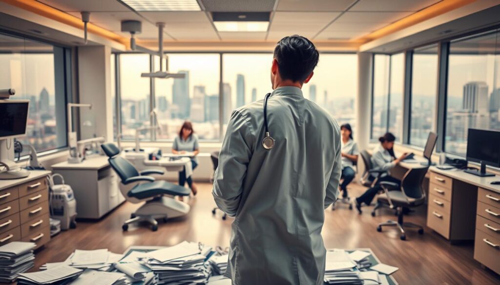 A spacious dental clinic interior with modern equipment and furnishings. In the foreground, a worried dentist stands amid piles of paperwork, contemplating the challenges of managing the practice. The middle ground features a team of dental assistants and office staff, each facing their own administrative tasks. The background showcases a panoramic view of the city skyline, suggesting the broader economic and regulatory environment impacting the clinic's operations. Soft, warm lighting creates a professional yet slightly tense atmosphere, reflecting the complexities of dental practice management.