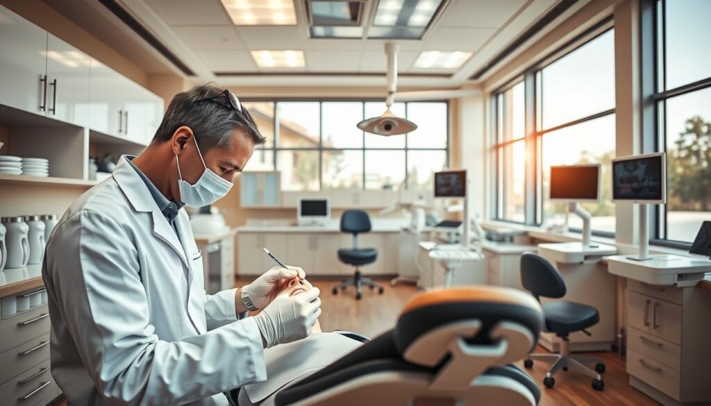A spacious dental clinic with modern equipment and furnishings. In the foreground, a dentist in a white lab coat examines a patient's teeth using a dental mirror and probe, while an assistant prepares the instruments nearby. The middle ground showcases neatly organized cabinets, shelves, and diagnostic displays, conveying a sense of clinical efficiency. The background features large windows that flood the space with warm, natural lighting, creating a calming and professional atmosphere. The overall scene reflects the careful management of clinical operations and patient-centric care in the field of dentistry.
