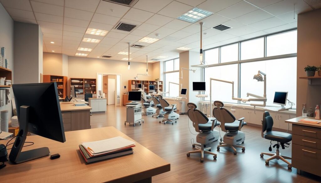 A spacious dental office with a streamlined workflow. In the foreground, a receptionist's desk with a computer and paperwork, hinting at the administrative tasks. In the middle ground, dental chairs arranged in an efficient layout, with dental equipment and supplies neatly organized. The background showcases an open concept design, with large windows allowing natural light to flood the space, creating a calming and professional atmosphere. The lighting is warm and balanced, accentuating the clean, modern aesthetics. The overall scene conveys a well-structured, productivity-focused environment that caters to the needs of both patients and staff.