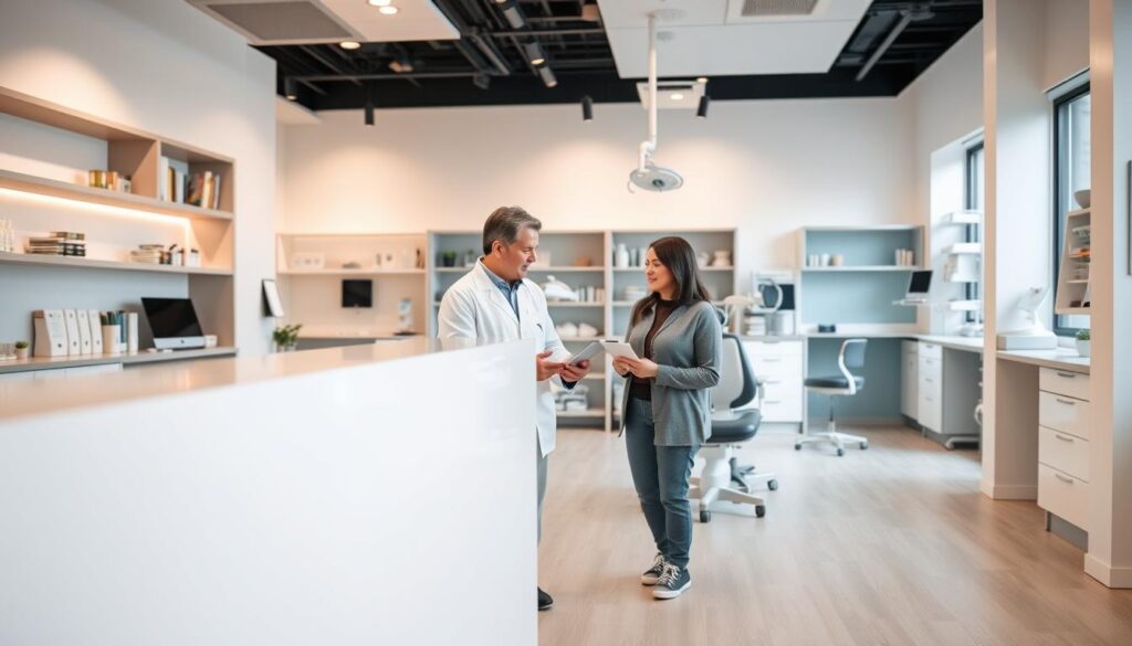 A spacious, well-lit dental clinic interior with a reception desk in the foreground. In the middle ground, a dentist and patient engaged in a consultation, with the dentist gesturing towards a tablet or document. The background features modern dental equipment, shelving, and medical supplies, creating a sense of professionalism and care. The lighting is soft and diffused, casting a warm, inviting atmosphere. The color palette is predominantly white, gray, and blue, with accents of wood or metal. The overall impression is one of a well-organized, patient-centric environment dedicated to dental care and support.