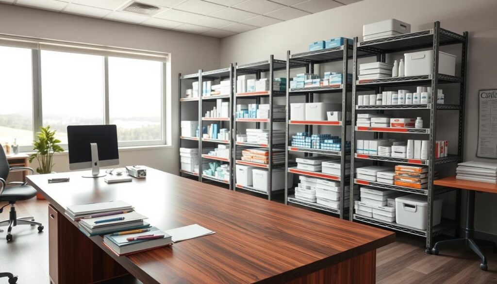 A spacious, well-lit office with a large wooden desk in the foreground. On the desk, various office supplies and a computer monitor, creating a sense of organized productivity. In the middle ground, sturdy metal shelving units filled with neatly arranged medical and dental supplies, reflecting a meticulous inventory management system. The background features bright windows overlooking a serene outdoor landscape, conveying a calming and professional atmosphere. The lighting is soft and diffused, creating a pleasant and inviting work environment. The overall scene demonstrates a harmonious integration of administrative tasks and clinical material management.