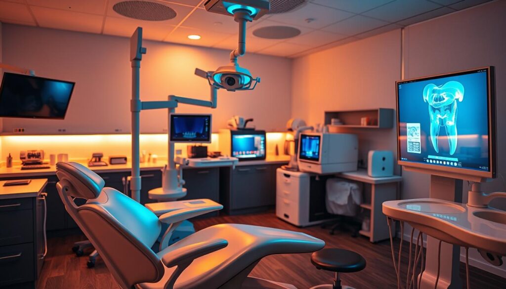 A state-of-the-art dental clinic, illuminated by warm, ambient lighting and filled with cutting-edge technology. In the foreground, a dentist's chair with sleek, ergonomic design and cutting-edge diagnostic equipment. The middle ground showcases a panoramic x-ray machine, its futuristic display casting a soft glow. In the background, a lab workspace with 3D printers, dental scanners, and other innovative tools, all working in harmony to revolutionize modern dentistry. The overall atmosphere conveys a sense of professionalism, efficiency, and a commitment to delivering the best possible care through the latest advancements in dental technology.