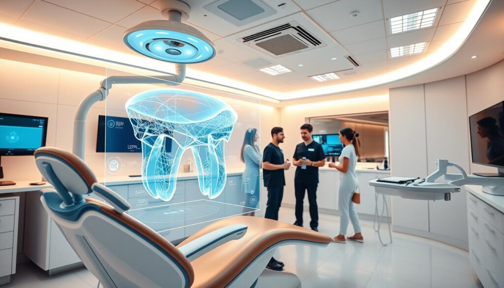 A state-of-the-art dental clinic, illuminated by warm overhead lighting, showcases the integration of artificial intelligence into the field of dentistry. In the foreground, a futuristic dental chair equipped with advanced sensors and diagnostics, while a holographic display projects intricate 3D models of the patient's dental structure. In the middle ground, a team of dental professionals collaborates seamlessly, analyzing data and formulating personalized treatment plans. The background reveals a sleek, minimalist interior design, accentuating the clinic's commitment to innovation and technology. The overall atmosphere conveys a sense of precision, efficiency, and patient-centric care, reflecting the transformative impact of AI on modern dentistry.