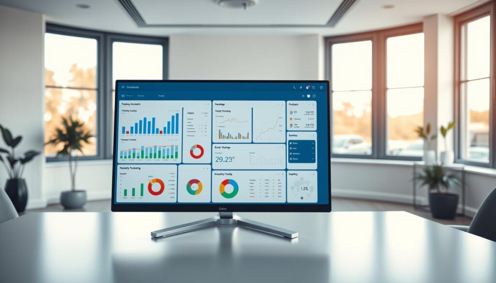 A state-of-the-art integrated management system displayed on a sleek, modern desktop. The foreground features a clean, intuitive user interface with colorful charts, graphs, and analytics dashboards. The middle ground showcases various business management tools, from scheduling and invoicing to inventory tracking. The background depicts a serene, minimalist office setting with large windows, letting in warm, natural lighting that enhances the professional, trustworthy atmosphere. The overall composition conveys a sense of efficiency, reliability, and a commitment to providing exceptional dental practice management solutions.