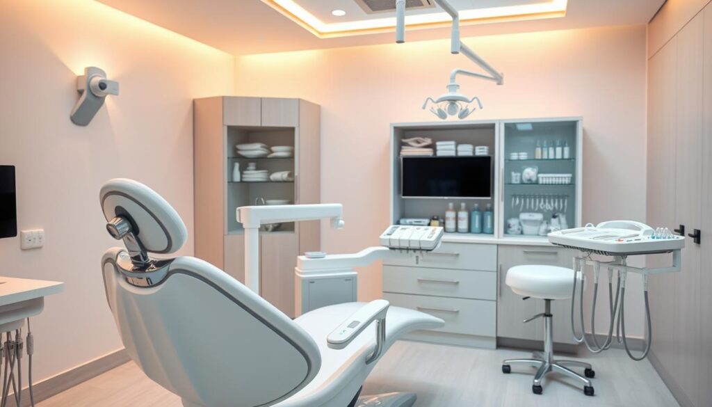 A sterile, well-lit dental clinic interior, bathed in warm, diffused lighting. In the foreground, a dentist's chair with pristine white upholstery and gleaming chrome accents. Nearby, a sleek, modern dental unit with advanced instruments and controls. In the middle ground, a cabinet displaying neatly organized medical supplies and sterilized tools. The background features clean, minimalist walls and floors, conveying a sense of order, cleanliness and professionalism. The overall atmosphere is one of precision, safety and patient-centric care, reflecting the importance of dental hygiene and compliance.