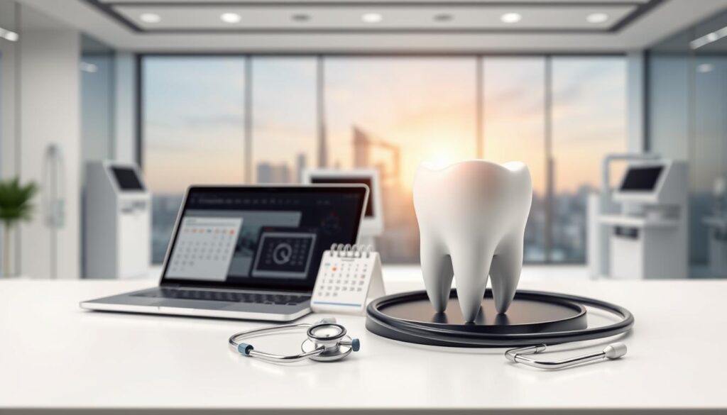 A strategic business plan for a modern dental clinic, featuring a clean, minimalist aesthetic. In the foreground, a desk with a laptop, calendar, and stethoscope, symbolizing organized management. The middle ground showcases a 3D model of a tooth, representing the core focus on dental care. In the background, sleek medical equipment and a panoramic view of the city, evoking a sense of professionalism and growth. Soft, directional lighting accentuates the clean lines and geometric shapes, creating a sophisticated, forward-thinking atmosphere. The image conveys a holistic approach to dental practice management, blending technology, organization, and patient-centric care.