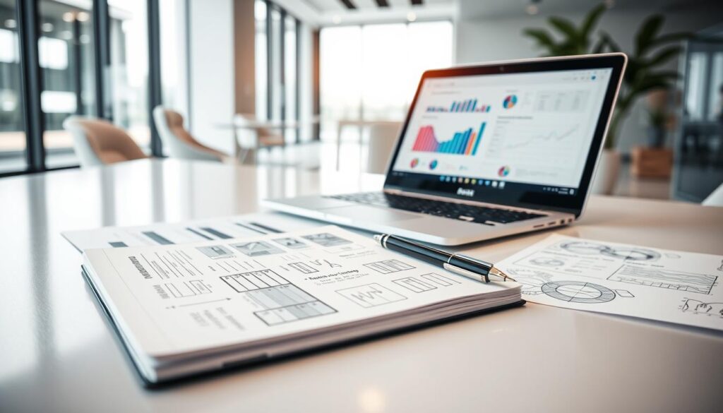 A strategic business plan unfolds on a sleek, modern desk. In the foreground, a laptop displays intricate financial projections and market analysis charts. In the middle ground, a pen hovers over a notebook filled with handwritten notes and brainstorming sketches. The background features a minimalist office setting with floor-to-ceiling windows, allowing natural light to illuminate the scene. A sense of focus, organization, and careful consideration pervades the atmosphere, reflecting the diligent planning process for a successful dental clinic operation.