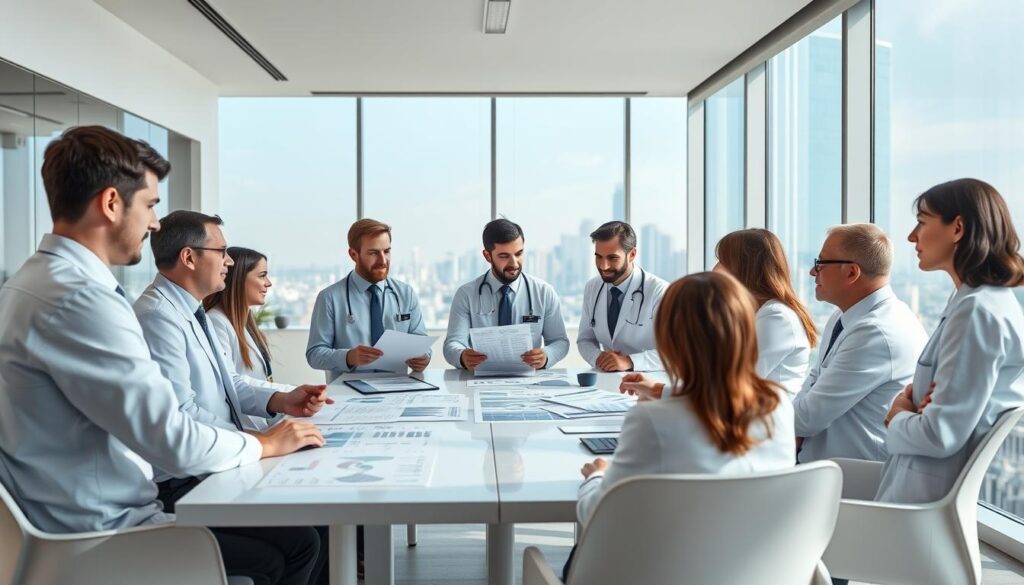 A strategic business planning session for a dental clinic, with a modern, professional atmosphere. The foreground features a team of dental professionals gathered around a conference table, engaged in animated discussion, referencing various reports and diagrams. The middle ground showcases a sleek, minimalist interior design with clean lines, natural lighting, and a sense of clinical efficiency. The background depicts a panoramic view of a bustling city skyline, hinting at the clinic's aspirations for growth and expansion. The overall mood conveys a balance of pragmatic strategy and innovative vision, as the team collaborates to chart the optimal path forward for the dental practice.
