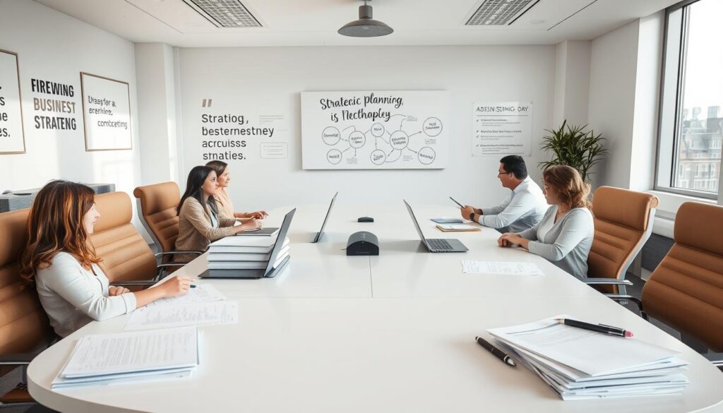 A strategic planning conference room with a large table, comfortable chairs, and modern décor. The room is well-lit, with natural light streaming in through large windows. The walls are adorned with motivational quotes and diagrams related to business strategy. On the table, there are stacks of documents, laptops, and pens, suggesting an active discussion. The atmosphere is focused and collaborative, conveying the sense of a team working together to develop a comprehensive strategic plan.