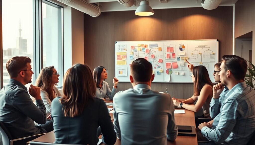 A strategic planning meeting in a modern office setting. The foreground features a group of businesspeople gathered around a table, deep in conversation and gesturing animatedly as they discuss their ideas. The middle ground showcases a large whiteboard filled with colorful diagrams, charts, and sticky notes, capturing the collaborative nature of the planning process. The background is bathed in soft, warm lighting, creating a focused and productive atmosphere. The overall scene conveys a sense of thoughtful deliberation, with the participants working together to define their objectives and chart a course for the future.